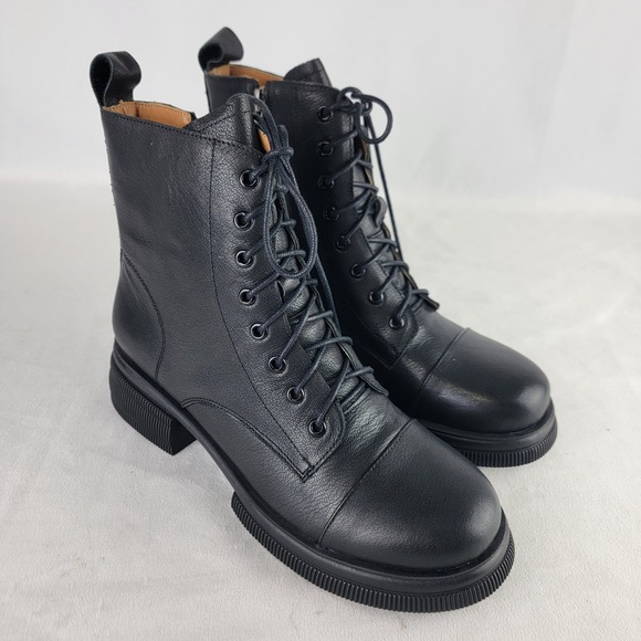 Black Side Zip Leather Combat Boot Womens US Size 7.5 EU 39 Lace Up Chunky Sole - Picture 1 of 7